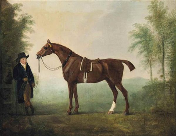 A Saddled Chestnut Hunter And Groom Oil Painting by John Boultbee