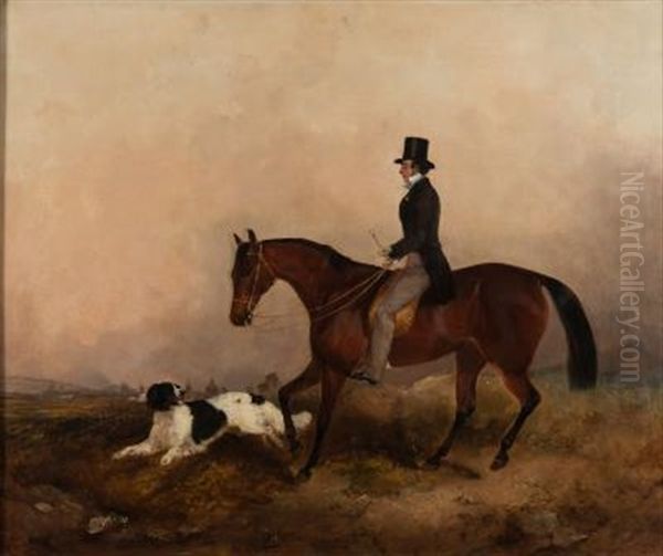 A Gentleman Mounted On A Chestnut Hunter, In A Landscape, With His Spaniel Dog, A View To A Town Beyond Oil Painting by John Boultbee