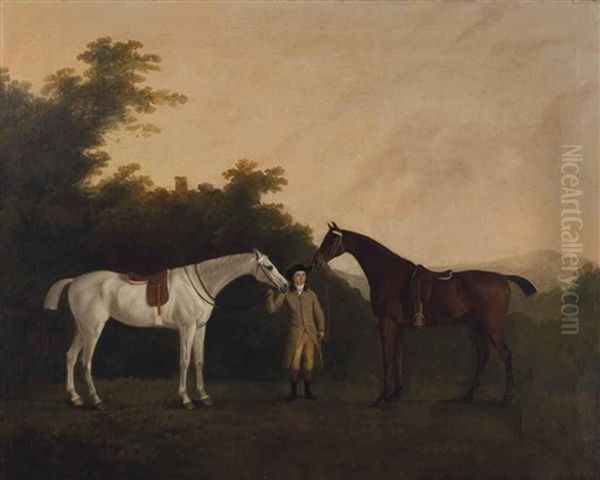 A Groom Holding A Grey And A Dark Bay Hunters In A Wooded Landscape, A Tower Beyond Oil Painting by John Boultbee