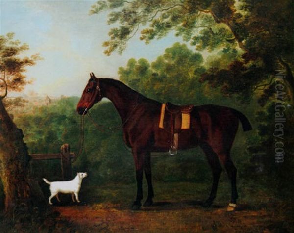 A Stallion With A Terrier In An Extensive Landscape Oil Painting by John Boultbee