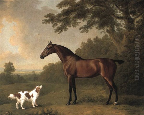 Bay Hunter And King Charles Spaniel Near A Wood Oil Painting by John Boultbee