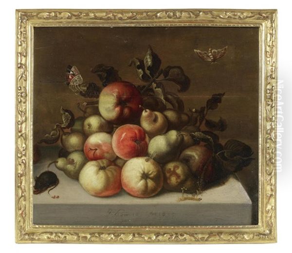 Quince And Pears Together With A Mouse And Butterflies On A Stone Ledge Oil Painting by Johannes Bouman