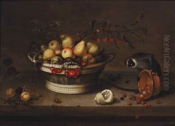 A Wicker Basket With Apples, Pears, Cherries, Plums, Peas And Currents, With A Sliced Lemon And A Monkey Overturning An Earthenware Bowl Of Wild Strawberries, On A Ledge Oil Painting by Johannes Bouman