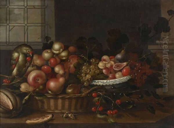 Panier De Fruits Et Perroquet Sur Un Entablement Oil Painting by Johannes Bouman