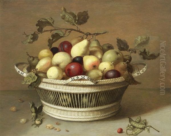 Apples, Pears And Plums In A Basket With Hazelnuts Oil Painting by Johannes Bouman