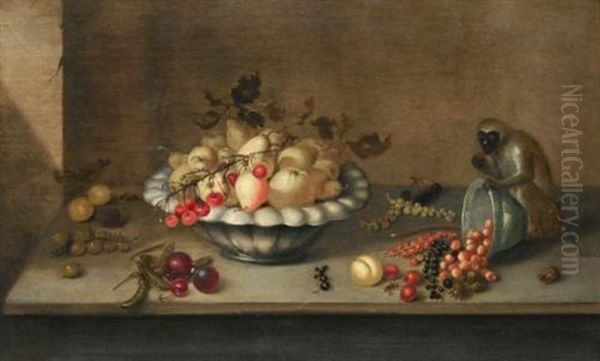 A Still Life Of Pears In A Bowl And Scattered Gooseberries, Cherries, Peas, Strawberries, Redcurrants, Blackcurrants And Hazelnuts On A Stone Ledge With A Chained Monkey Oil Painting by Johannes Bouman