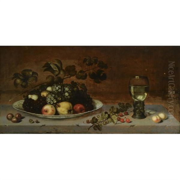 A Still Life With Grapes, Apples, A Quince And Pears On A Wan-li Porcelain Dish, Together With Medlars, Gooseberries, Cherries And Peaches, All On A Stone Ledge With A Roemer Oil Painting by Johannes Bouman