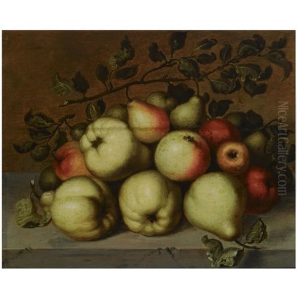 A Still Life With Pears And Apples On A Stone Ledge Oil Painting by Johannes Bouman