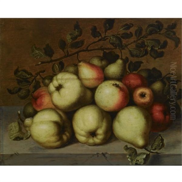 A Still Life With Pears And Apples On A Stone Ledge Oil Painting by Johannes Bouman