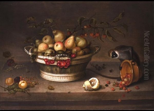 Stilleben Mit Fruchtekorb Und Einem Kleinen Affen Oil Painting by Johannes Bouman