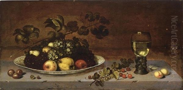 A Still Life With Grapes, Apples, A Quince And Pears On A Wan-li Porcelain Dish, Together With Medlars, Gooseberries, Cherries And Peaches, All On A Stone Ledge With A Roemer Oil Painting by Johannes Bouman