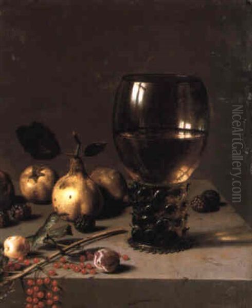 A Roemer, Pears, Plums, Mulberries And Redcurrants On A Stone Ledge Oil Painting by Jan Boumann