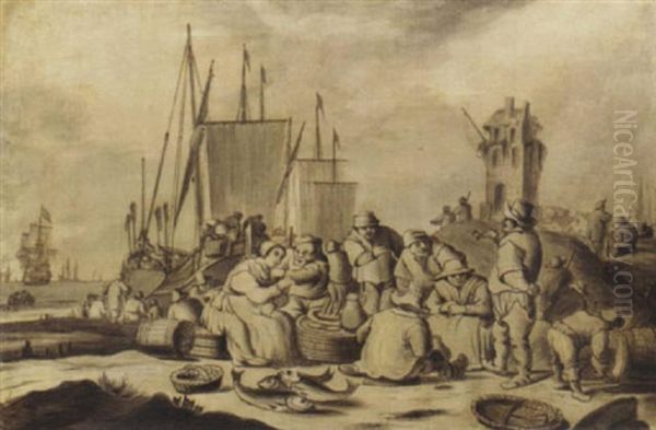 Merchants And Other Figures Eating, Drinking And Smoking On A Beach, Shipping And A Town Beyond Oil Painting by Cornelis Boumeester