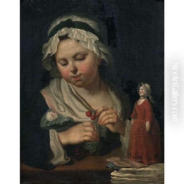 Petite Fille Donnant Des Cerises A Ses Poupees Oil Painting by Michel Honore Bounieu