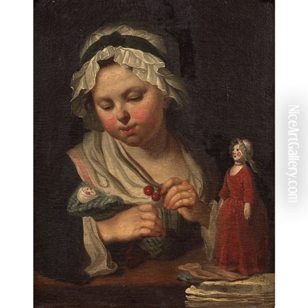 Petite Fille Donnant Des Cerises A Ses Poupees Oil Painting by Michel Honore Bounieu