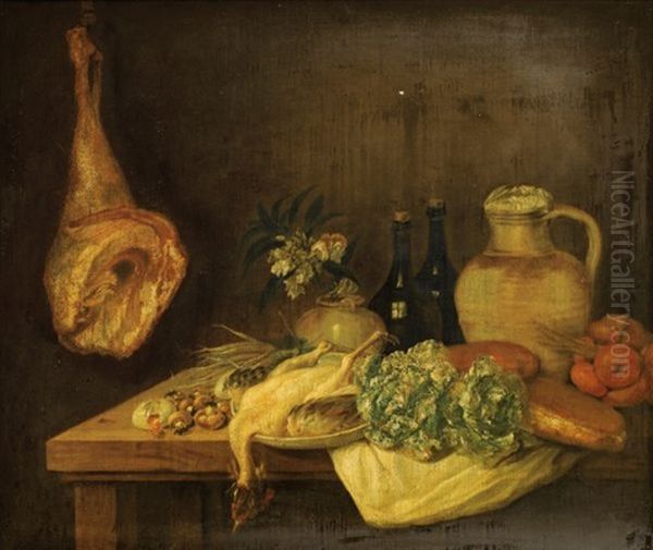 Nature Morte Aux Choux, Volailles Et Bouteilles De Vin Sur Un Entablement Oil Painting by Michel Honore Bounieu