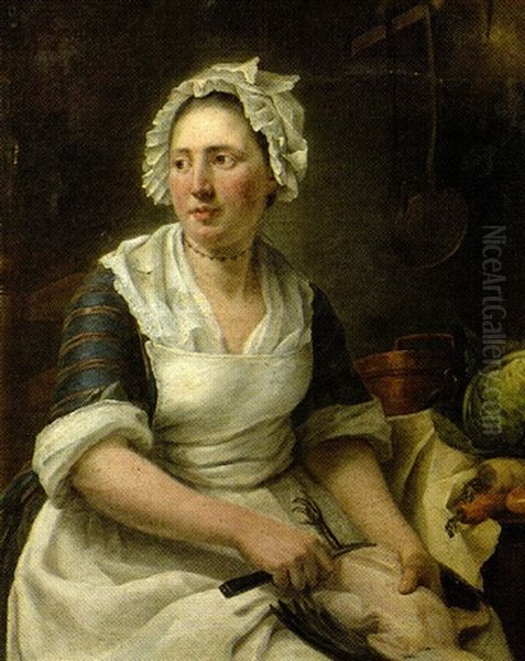 Portrait De Femme Dans Une Cuisine Oil Painting by Michel Honore Bounieu