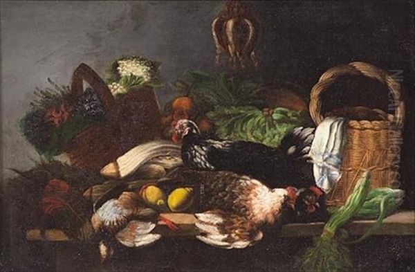 A Still Life With Baskets, Fruit, Vegetables And Chickens On A Table Oil Painting by Michel Honore Bounieu