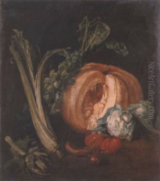 A Melon, Brussel Sprouts, A Cardoon, An Artichoke, Cauliflowers, Tomatoes And Aubergines Oil Painting by Michel Honore Bounieu