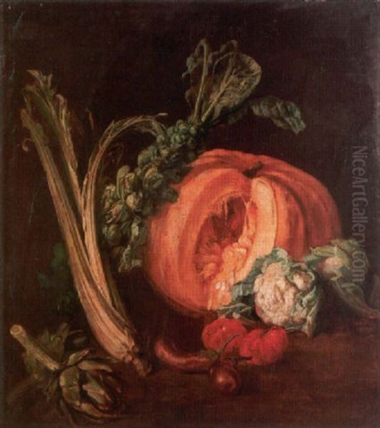 A Still Life Of A Melon, Brussels Sprouts, A Cardoon, An Artichoke, Cauliflowers, Tomatoes And Aubergines Oil Painting by Michel Honore Bounieu