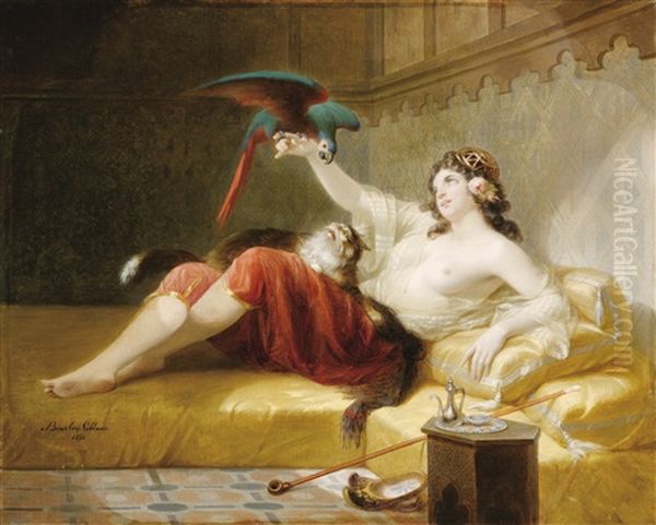 Odalisque Au Perroquet Oil Painting by Louis Gabriel Bourbon-Leblanc