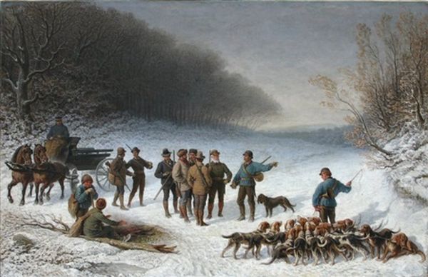 Le Rapport, En Foret, Par Temps De Neige Oil Painting by Emile Bourcart