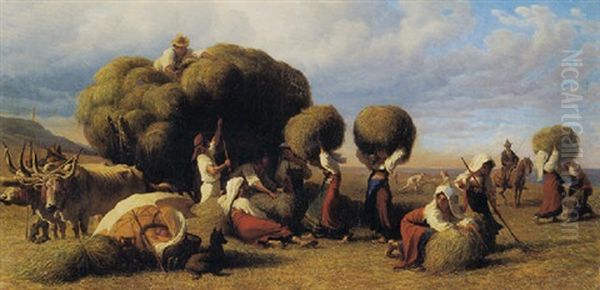 Haymaking Oil Painting by Emile Bourcart