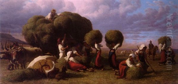 Haymaking Oil Painting by Emile Bourcart