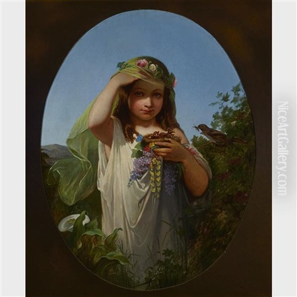 Spring Personified (young Maiden With A Bird's Nest) Oil Painting by Henri Bource