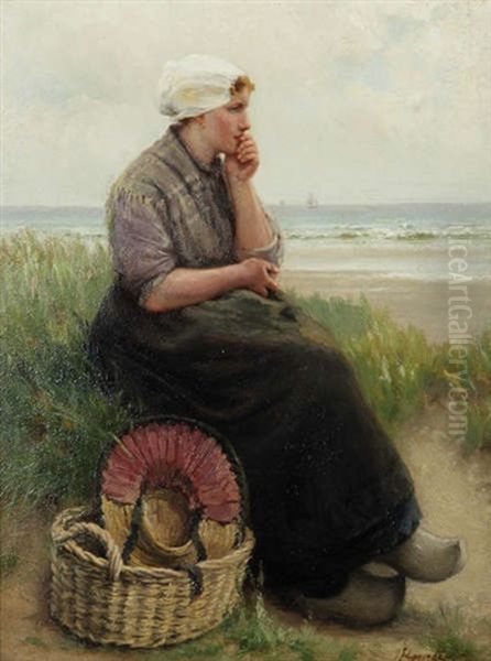 Fille Du Zeelande Avec Panier Sur La Plage Oil Painting by Henri Bource