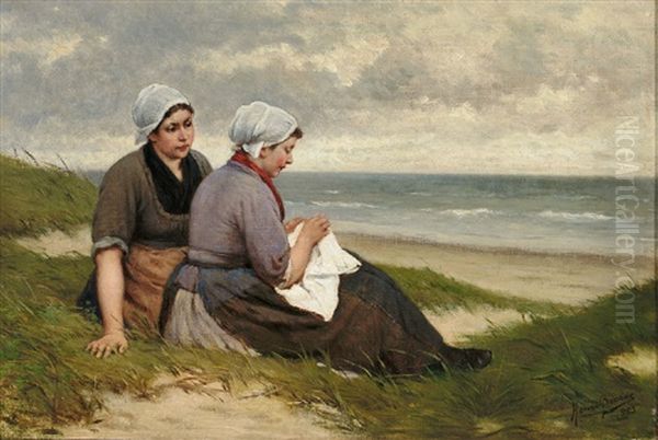 Zwei Madchen In Belgischer Tracht Am Strand Oil Painting by Henri Bource