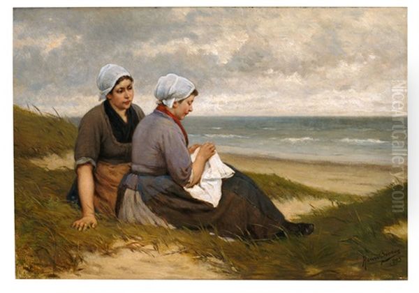 Zwei Madchen In Belgischer Tracht Am Strand Oil Painting by Henri Bource