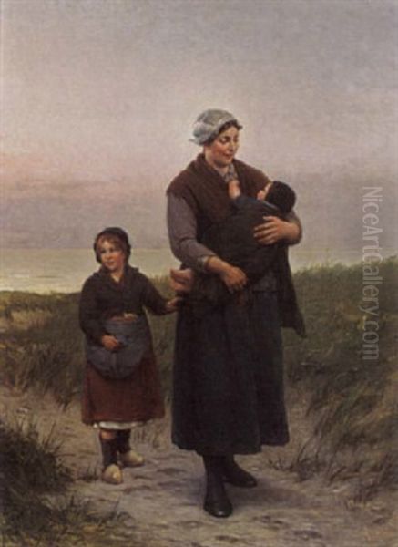 A Mother And Child Returning Home Oil Painting by Henri Bource