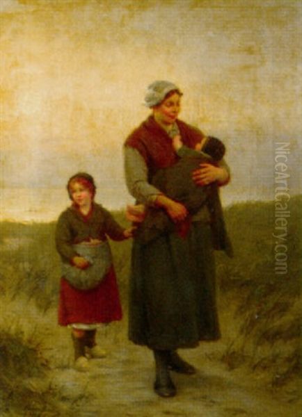 A Mother And Her Children Returning Home Oil Painting by Henri Bource