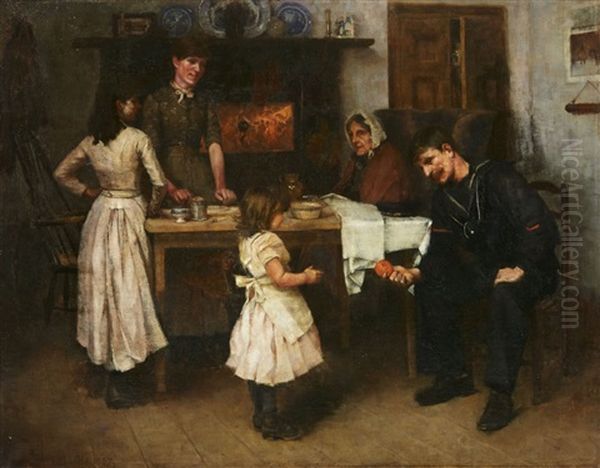 Family Scene In A Kitchen Oil Painting by Frank Wright Bourdillon