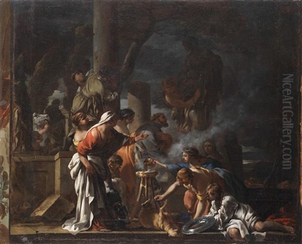 King Solomon Sacrificing To The Idols Oil Painting by Sebastien Bourdon