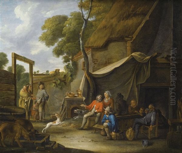 Scene D'exterieur De Taverne Avec Une Diseuse De Bonne Aventure Oil Painting by Sebastien Bourdon