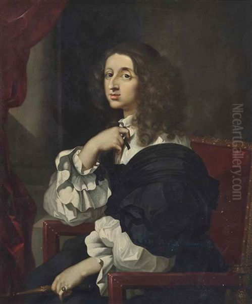 Portrait Of Christina, Queen Of Sweden (1626-1689), Half-length, Seated, In A Black And White Dress, Before A Draped Curtain In An Interior Oil Painting by Sebastien Bourdon