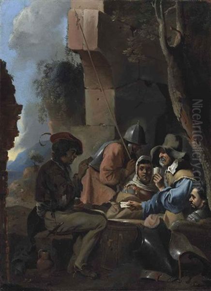 Soldiers Playing Cards Amongst Ruins Oil Painting by Sebastien Bourdon