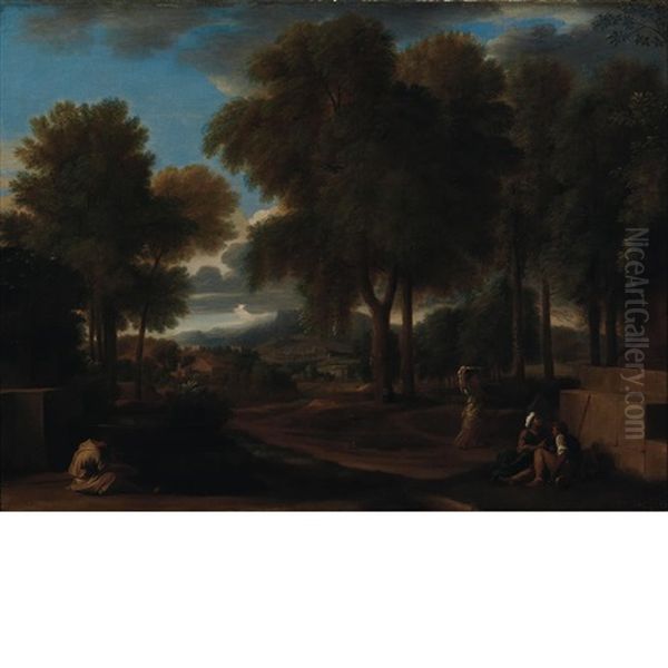 Italianate Landscape With A Monk And Peasants By A Fountain Oil Painting by Sebastien Bourdon