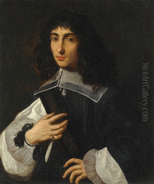 Portrait Of A Young Man, Half Length, Wearing A Black Tunic Over A White Shirt Oil Painting by Sebastien Bourdon