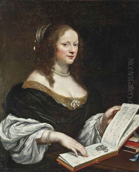 Portrait Of A Lady In A Blue Dress, A Pearl Necklace And Bracelets With An Open Book Of Music On The Table Oil Painting by Sebastien Bourdon