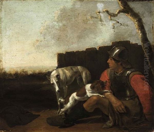 A Soldier Seated Against A Wall, With Two Dogs, In A Landscape Oil Painting by Sebastien Bourdon