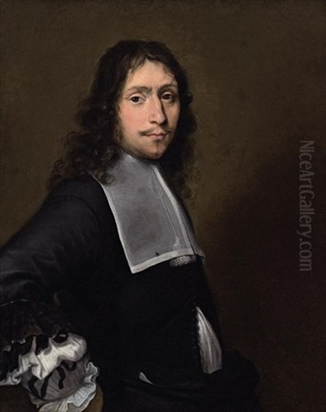 Portrait Of A Gentleman In A Black Doublet With A White Collar Oil Painting by Sebastien Bourdon