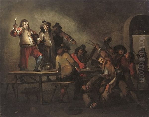 Soldiers Brawling In A Guardroom Oil Painting by Sebastien Bourdon