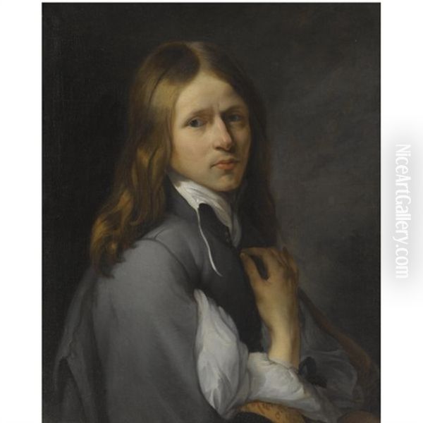 Portrait Of A Long-haired Young Man, Half Length, Wearing A Grey Tunic Oil Painting by Sebastien Bourdon