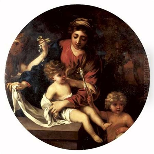 La Vierge A L'enfant Avec Saint Jean-baptiste Et Un Ange Oil Painting by Sebastien Bourdon