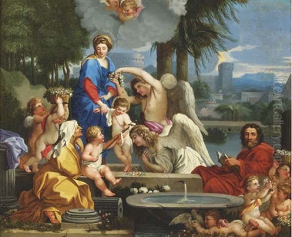 The Holy Family With Saint Elizabeth And Saint John The Baptist, In A Classical Landscape With Ruins, Surrounded By Putti Oil Painting by Sebastien Bourdon