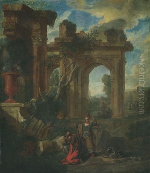 Alttestamentarische Szene In Italianisierender Ruinenlandschaft Oil Painting by Sebastien Bourdon