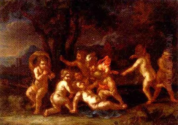 Putti Disporting In A Landscape Oil Painting by Sebastien Bourdon